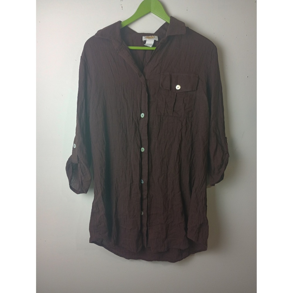 Talbots Brown Crinkle Gauze Cotton Button Down Shirt 3/4 Roll Tab Sleeve Medium